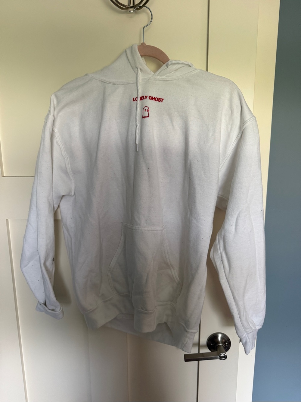 LONELY GHOST White Hoodie with Small Red Logo